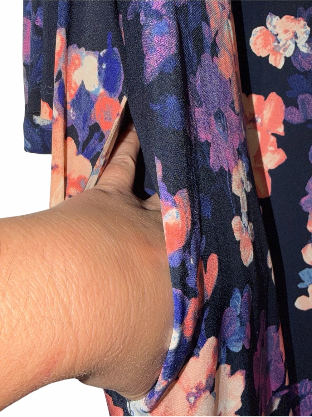 NINA LEONARD 2X Cold Shoulder Dress Pockets Navy Floral Bell Sleeve Boho Resort - Picture 5 of 9
